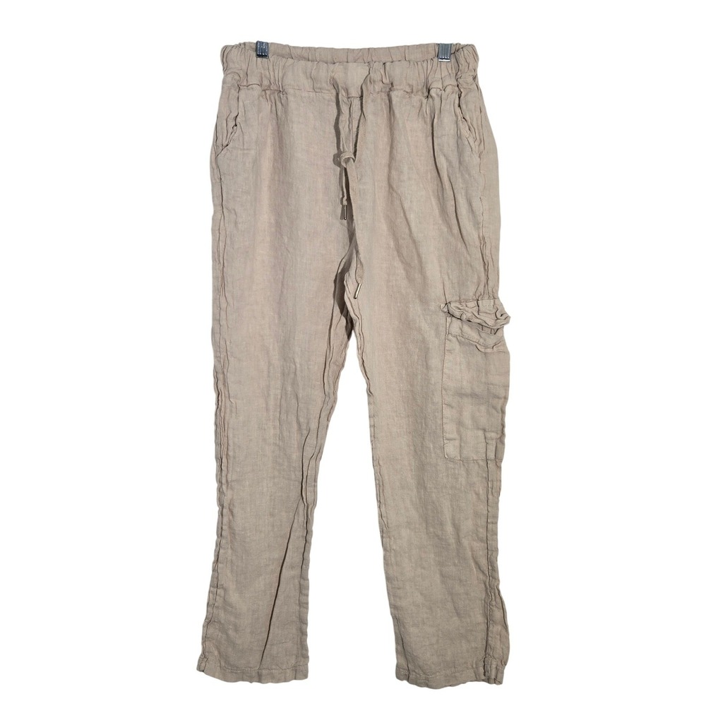 Meo Meli S Linen Crop Cargo Pants Beige Drawstring Waist Made in Italy Women's